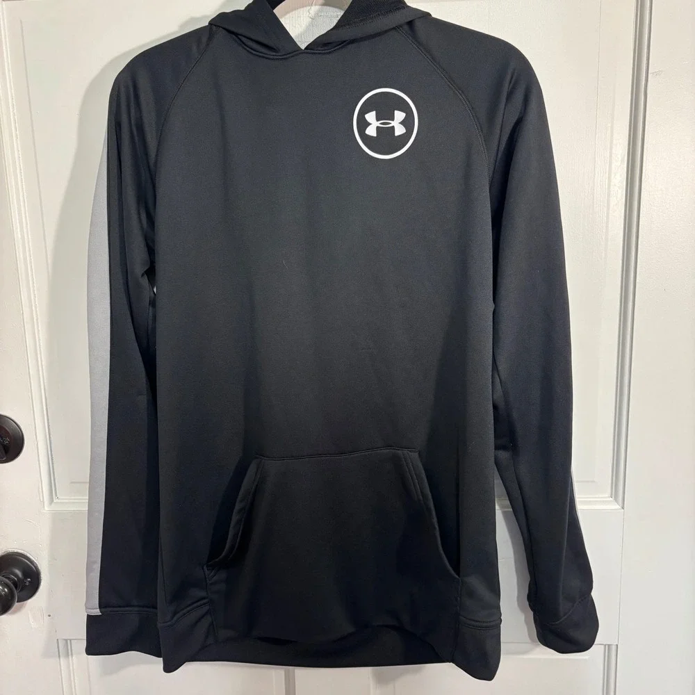 Under‎ Armour Boys Youth Large Black Gray Performance Fleece Hoodie Sweatshirt